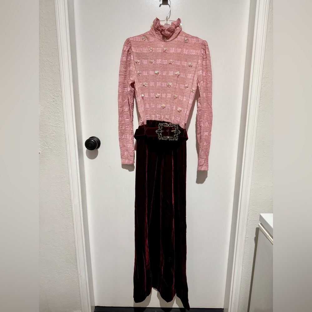 Vtg Jody Of California Sz7 Rayon Velvet Dress W/belt Pink Lace, Mahogany Sequin
